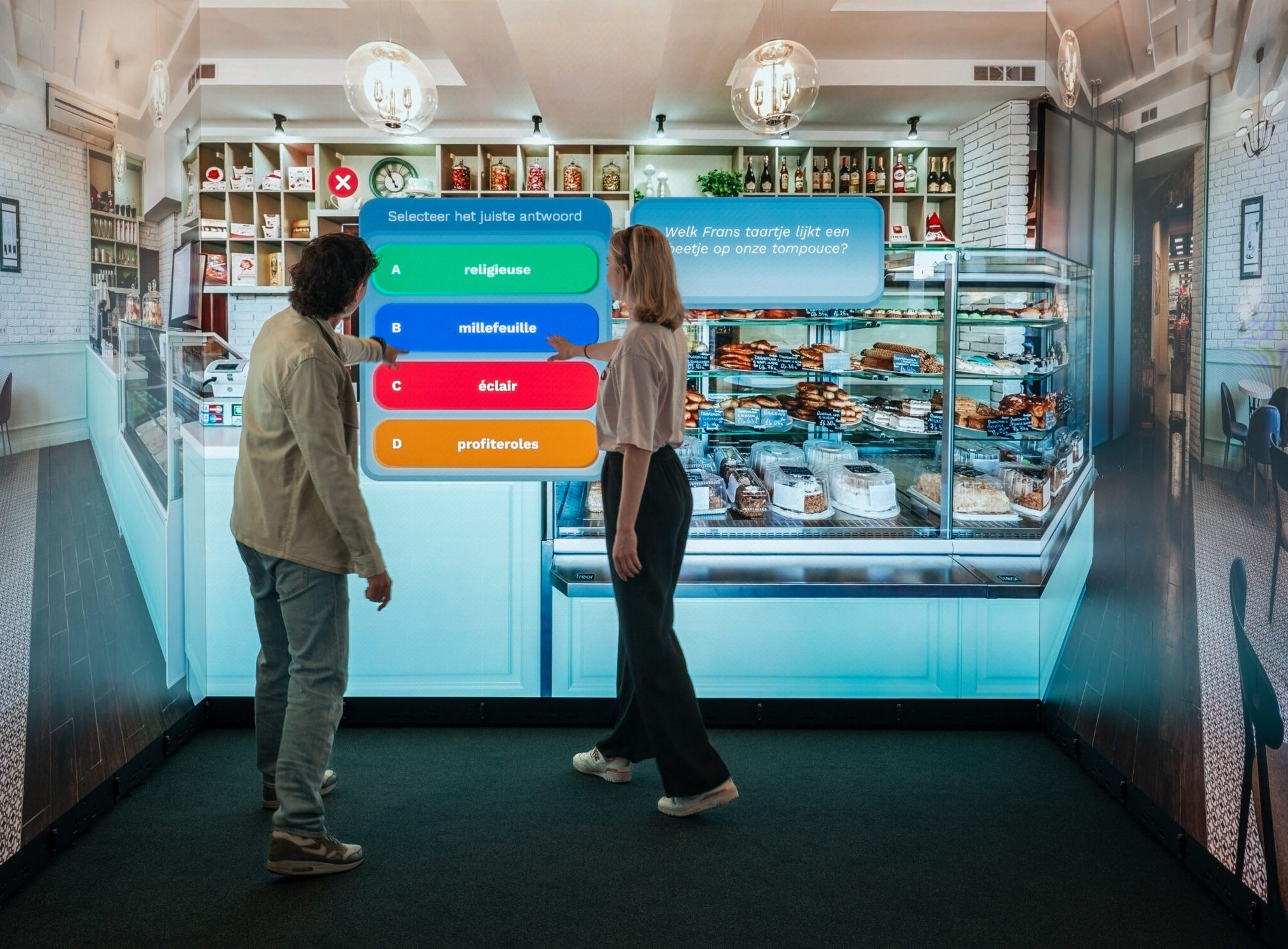 People answering an interactive quiz in a virtual bakery inside an Immersive Room